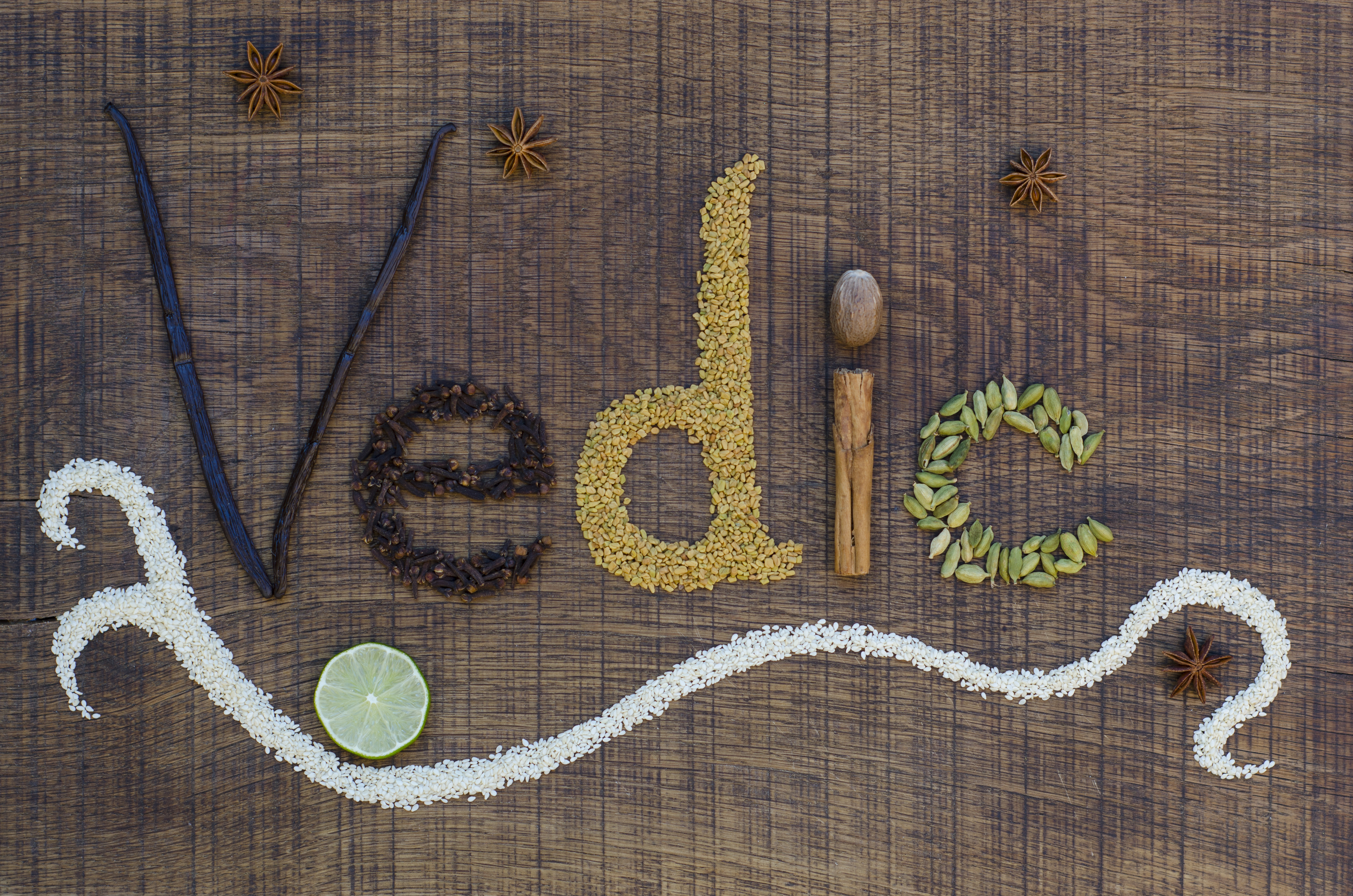 The word Vedic spelled out in ayurveda spices and seeds